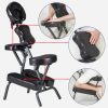Master Massage Bedford adjustability guide highlighting the armrest, chest pad, seat height, and leg support positions.
