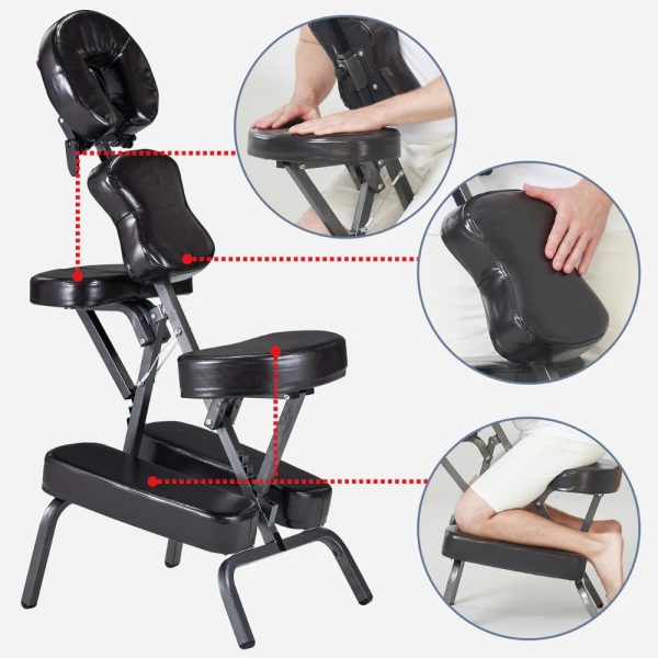 Master Massage Bedford adjustability guide highlighting the armrest, chest pad, seat height, and leg support positions.