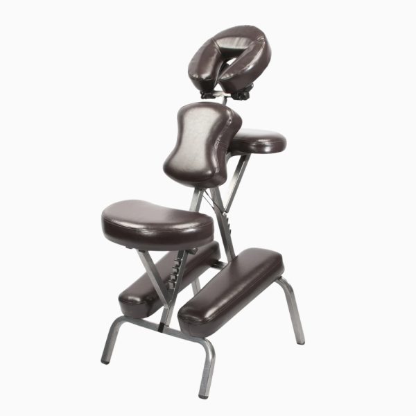 Master Massage Bedford portable massage chair in Coffee Luster PU upholstery with silver aircraft aluminum frame.