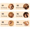 Infographic displaying six different therapeutic uses for a massage stone set with numbered circular photo inserts showing application.