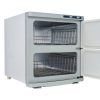 Master Massage 35L Double Door Towel Warmer with both doors open to show the empty wire racks inside.