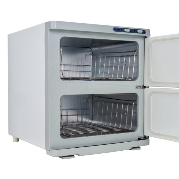 Master Massage 35L Double Door Towel Warmer with both doors open to show the empty wire racks inside.