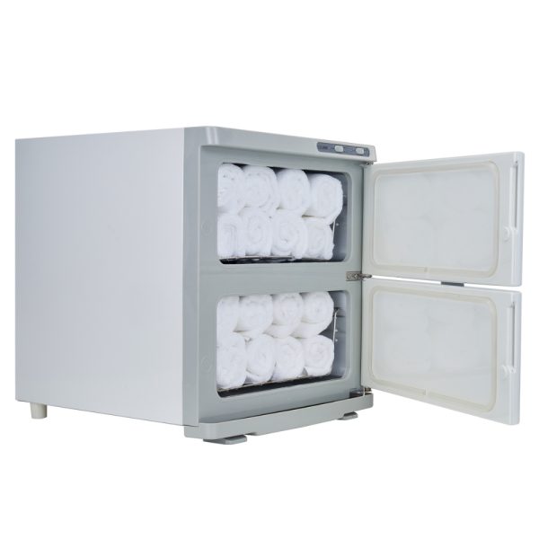 Master Massage 35L Double Door Towel Heater fully loaded with white rolled towels, both doors are open.