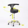 Infographic of a black swivel stool with a crescent backrest, showing technical dimensions: 13.8-inch seat diameter, 3.7-inch seat thickness, 20.8 to 26.6-inch adjustable height, and 21.3-inch base diameter. Yellow arrows indicate 360-degree rotation for both the seat and wheels.