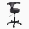 A professional black swivel stool with a curved backrest and a matte black five-star base with wheels. The stool features a hydraulic lever for height adjustment and a thick, round padded seat.