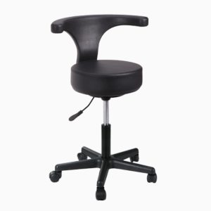 A professional black swivel stool with a curved backrest and a matte black five-star base with wheels. The stool features a hydraulic lever for height adjustment and a thick, round padded seat.