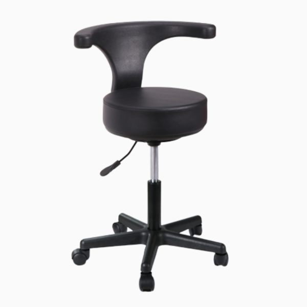 A professional black swivel stool with a curved backrest and a matte black five-star base with wheels. The stool features a hydraulic lever for height adjustment and a thick, round padded seat.