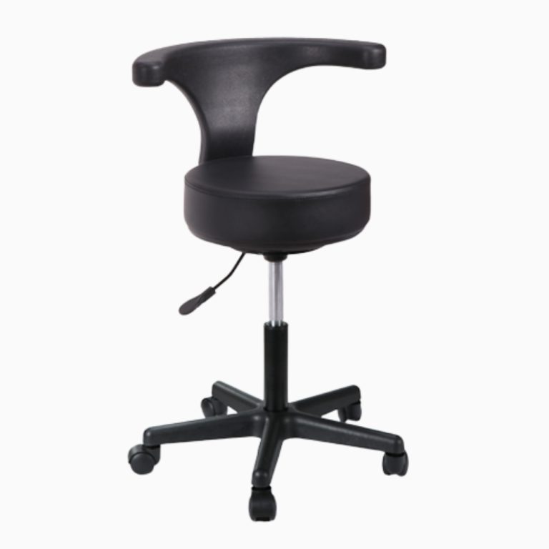 A professional black swivel stool with a curved backrest and a matte black five-star base with wheels. The stool features a hydraulic lever for height adjustment and a thick, round padded seat.