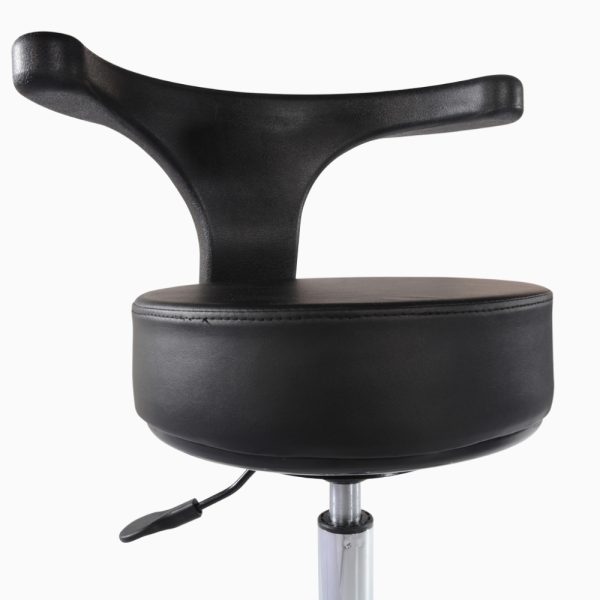 Close-up view of a black backrest swivel stool, focusing on the textured upholstery of the curved backrest and the thick, stitched round seat. A hydraulic adjustment lever is visible beneath the seat.