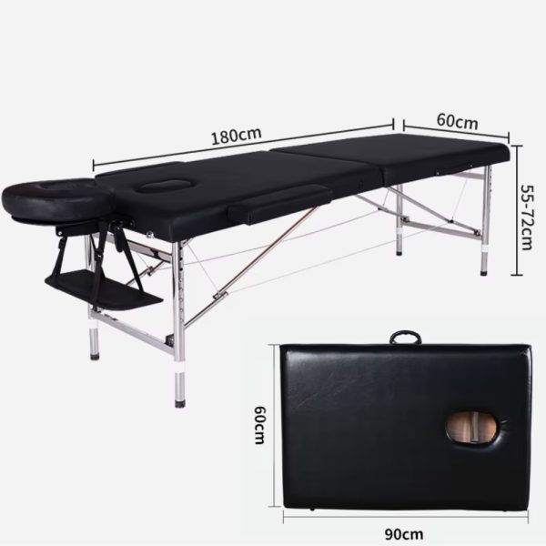 An infographic showing the massage table in both unfolded and folded states with clear size labels in centimeters. The unfolded table diagram labels indicate 180cm length, 60cm width, and 55-72cm adjustable height. The folded table diagram shows 60cm height and 90cm length. Both states are labeled with their respective dimensions.