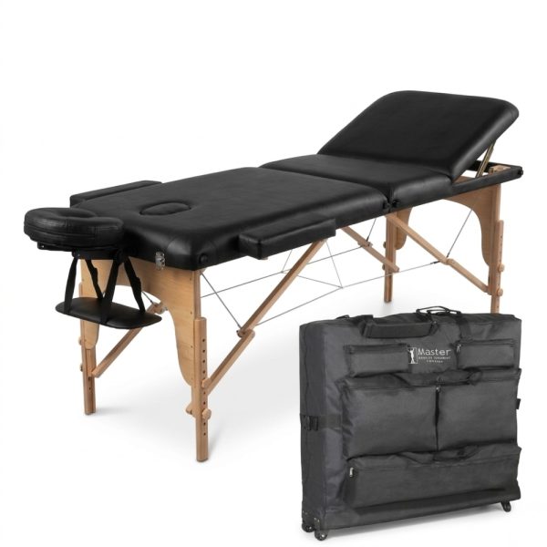 MASTER Tilt Portable Massage Table in Black with professional multi-pocket wheeled carry case for mobile therapists in Kuwait.