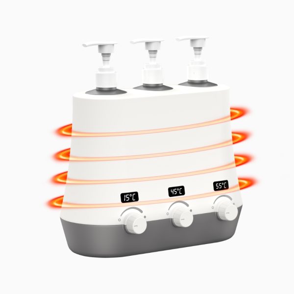 Hands holding the MT Three Bottle Oil Warmer to demonstrate its compact and portable size.