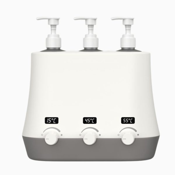 Infographic showing 3-bottle massage oil warmer with independent temperature controls and LED display.