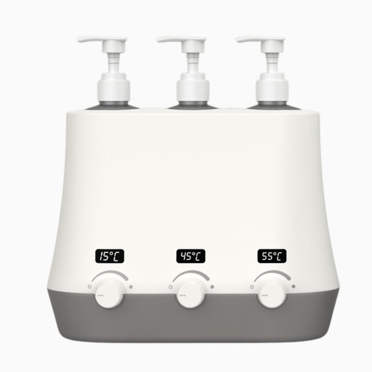 Infographic showing 3-bottle massage oil warmer with independent temperature controls and LED display.