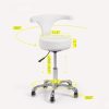 Technical infographic of a white swivel stool showing dimensions: 13.8" seat width, 3.7" padding thickness, and an adjustable height of 20.8" to 26.6". Yellow indicators show 360° swivel functionality for the seat and wheels.