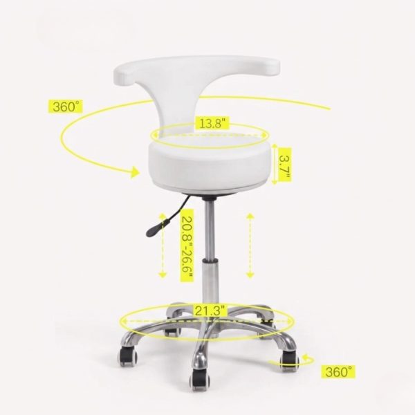 Technical infographic of a white swivel stool showing dimensions: 13.8" seat width, 3.7" padding thickness, and an adjustable height of 20.8" to 26.6". Yellow indicators show 360° swivel functionality for the seat and wheels.