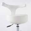 A detailed close-up of a white swivel stool featuring a modern white curved backrest and a thick, white padded seat with clean stitching. The chrome hydraulic lift and black adjustment lever are visible.