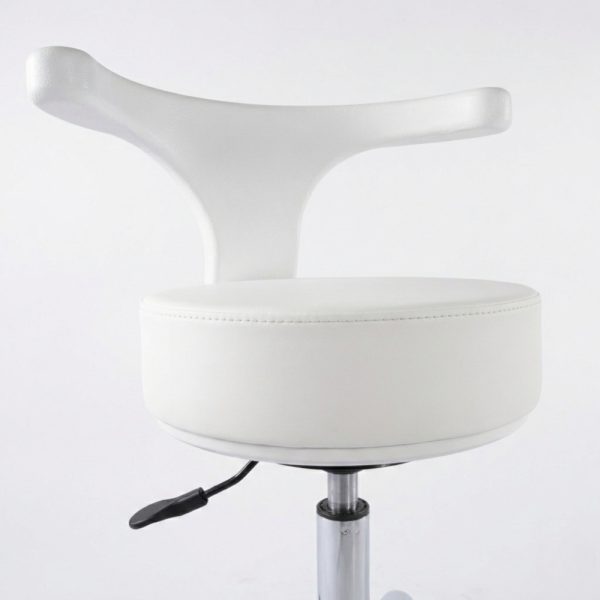 A detailed close-up of a white swivel stool featuring a modern white curved backrest and a thick, white padded seat with clean stitching. The chrome hydraulic lift and black adjustment lever are visible.