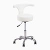 Full view of a white swivel stool with a crescent backrest and a polished chrome five-star base. The stool includes a pneumatic height adjustment lever and smooth-rolling wheels.