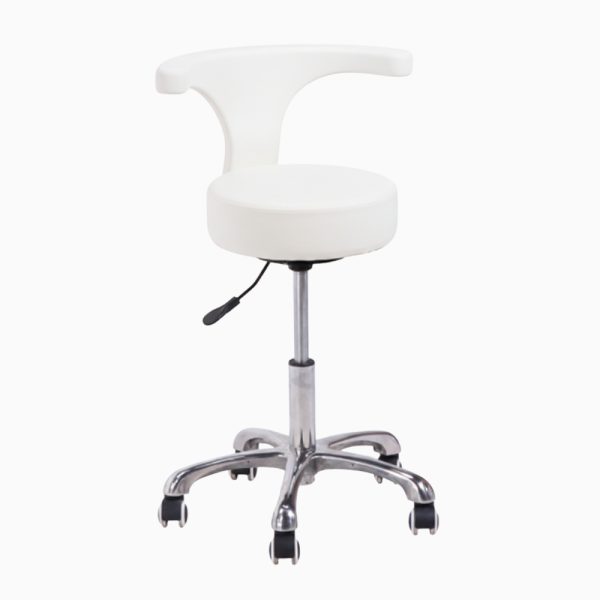 Full view of a white swivel stool with a crescent backrest and a polished chrome five-star base. The stool includes a pneumatic height adjustment lever and smooth-rolling wheels.