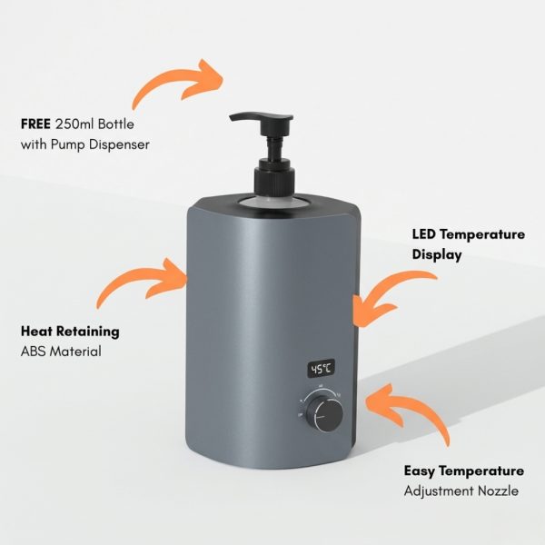 Infographic of the IV HOH5 Massage Oil Warmer highlighting the 250ml pump bottle, LED temperature display, heat-retaining ABS material, and adjustment nozzle.