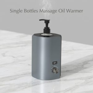 Professional Single Bottle Massage Oil Warmer on a white marble countertop with subtle steam rising from the pump.