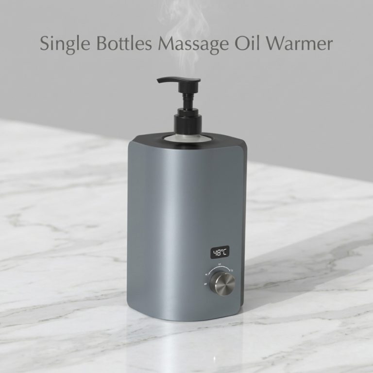 Professional Single Bottle Massage Oil Warmer on a white marble countertop with subtle steam rising from the pump.