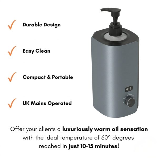 Single bottle lotion heater showing features: Durable design, Easy clean, Compact & Portable, and UK Mains Operated.