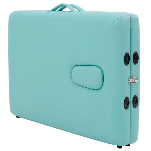Folded Mt Harmon Economic Portable Massage Table in Tiffany Blue faux leather upholstery with carrying handles, available in Kuwait.