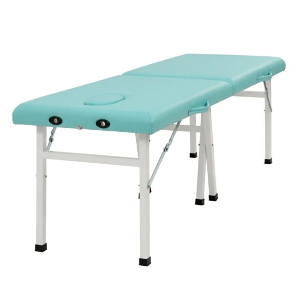 Three-quarter angular view of the Mt Harmon Economic Portable Massage Table in Tiffany Blue showing the cross-leg stability system for therapists in Kuwait.