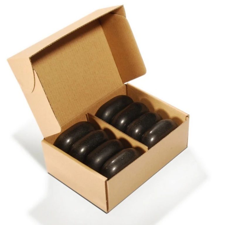 Wholesale 8-piece pack of Master Massage large flat oval basalt hot stones securely packed in a commercial box.