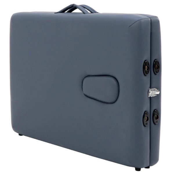 Mt Harmon Economic Portable Massage Table folded into a blue carrying suitcase with a handle, available for mobile therapists in Kuwait.