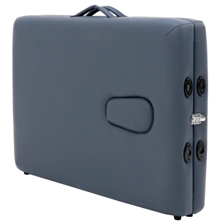 Mt Harmon Economic Portable Massage Table folded into a blue carrying suitcase with a handle, available for mobile therapists in Kuwait.