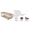 Specifications infographic for the Height Adjustable Archer Flat Thai Massage Spa Bed kuwait, showing dimensions, foam thickness, weight, and included accessories.