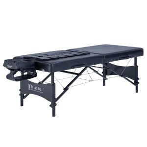 A professional studio shot of a black, portable, adjustable-height massage table featuring an integrated airbag stretching system and an adjustable headrest.