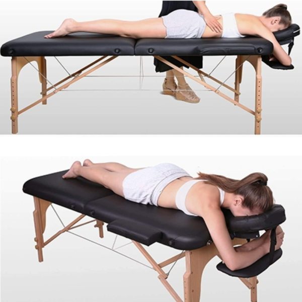 Woman receiving a massage on a black MASTER ETF portable wooden massage table.